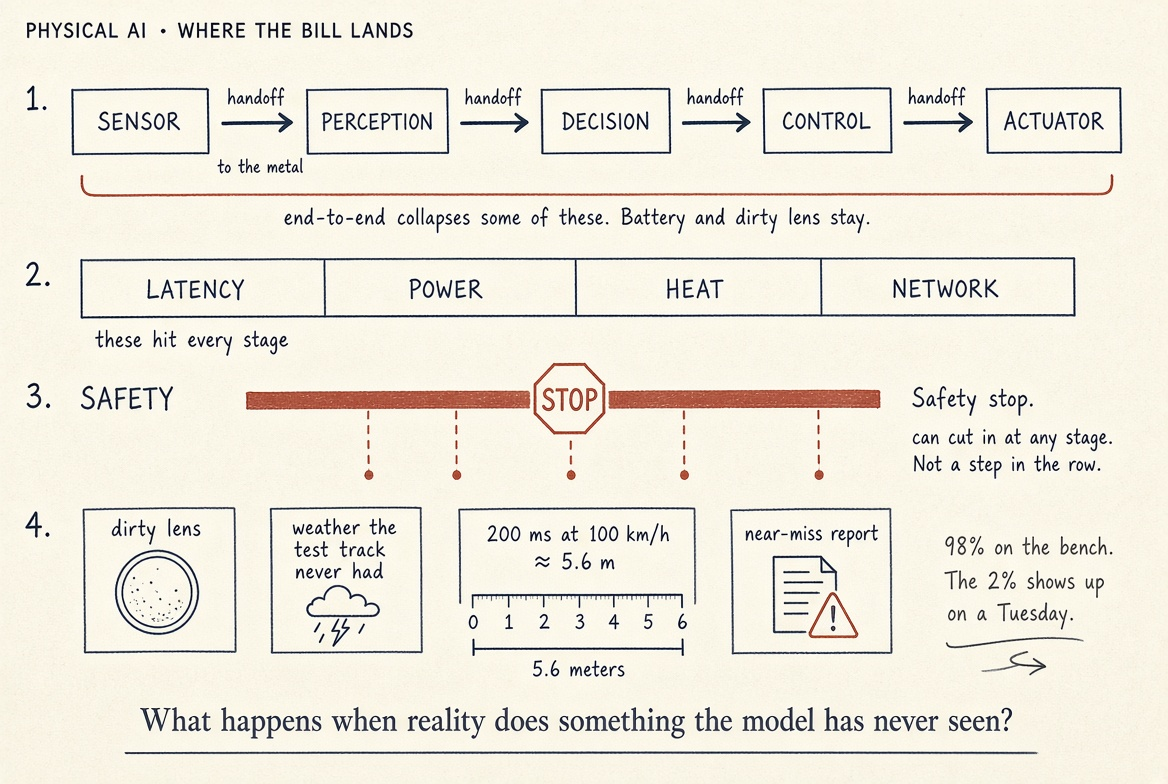 Physical AI system diagram showing handoffs from sensor through perception, decision, control and actuator, with latency, power, heat, network and safety constraints.